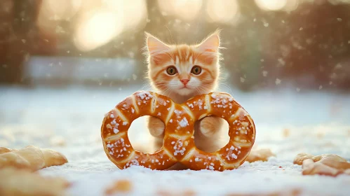 Cute Kitten with Snow-Dusted Pretzels