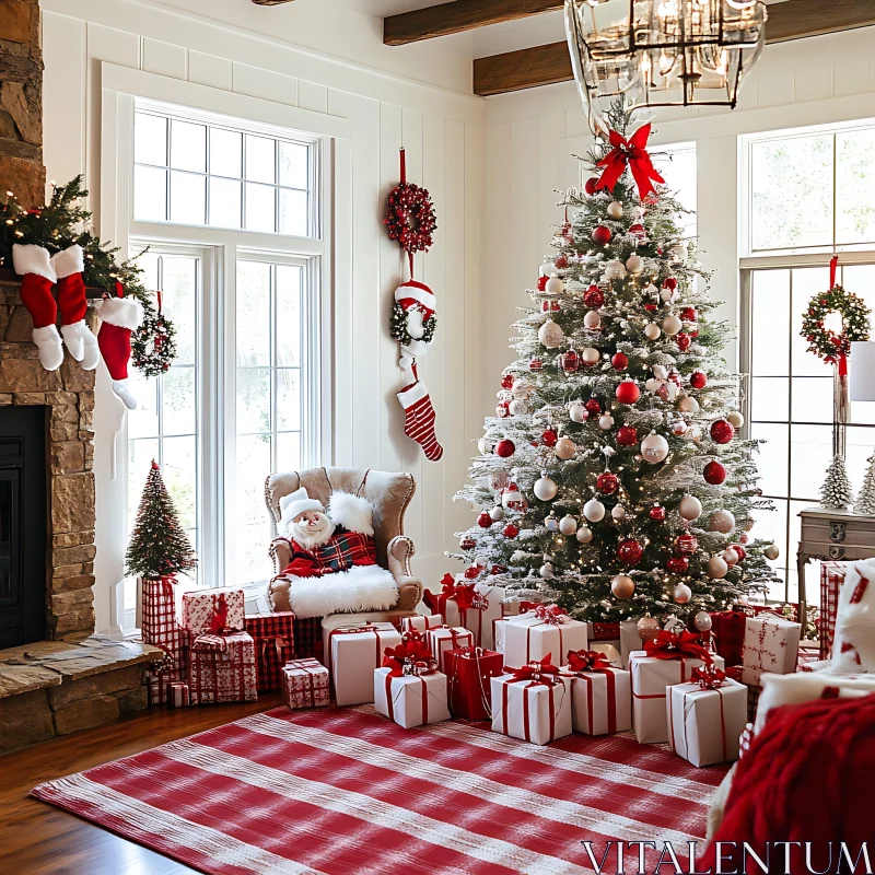 Festive Living Room with Christmas Decorations AI Image