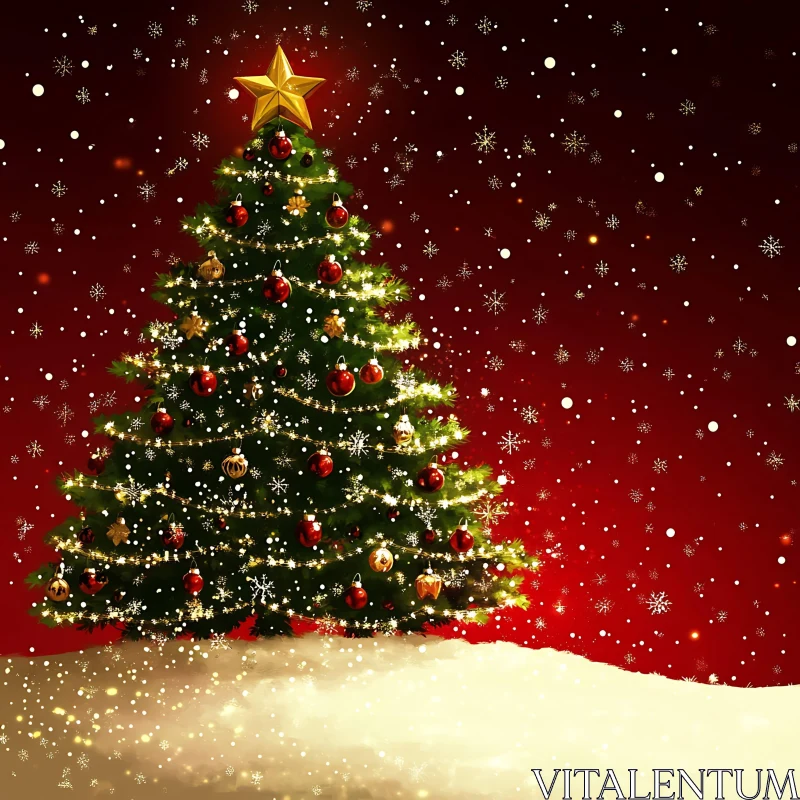 Festive Christmas Tree with Golden Star and Ornaments AI Image