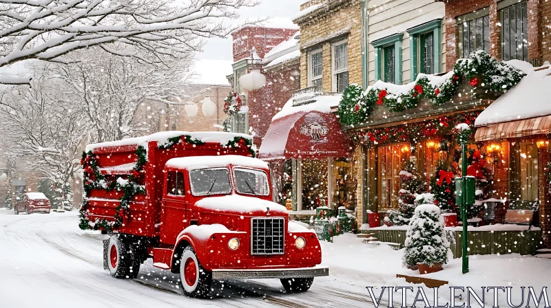 Winter Wonderland Street with Decorated Red Truck AI Image