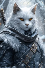 Fantasy Portrait of a Warrior Cat in Snow