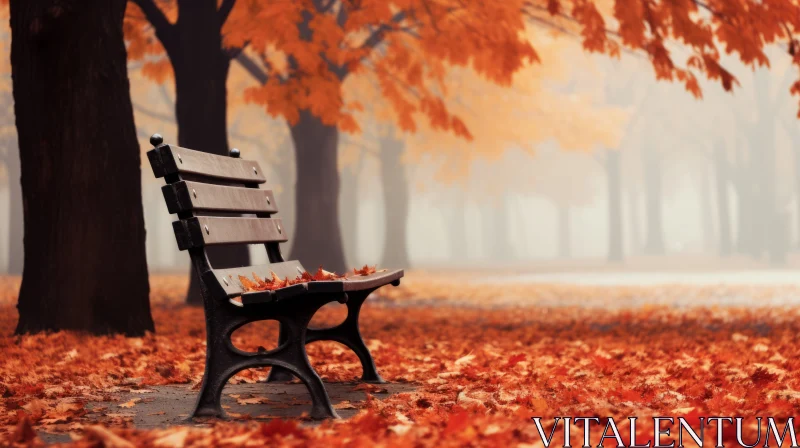 Autumn Serenity: A Foggy Park Bench Scene AI Image