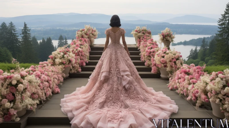 Bride in Floral Dress Overlooking Mountains from Terrace at Sunrise AI Image