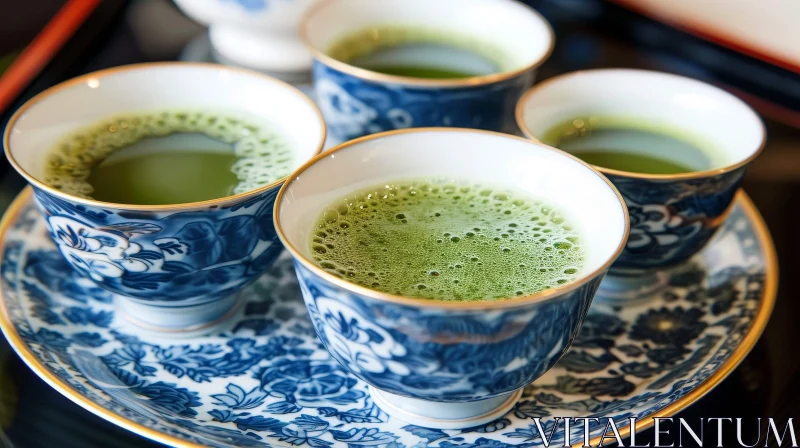 Captivating Cups of Matcha Tea on a Blue and White Plate AI Image