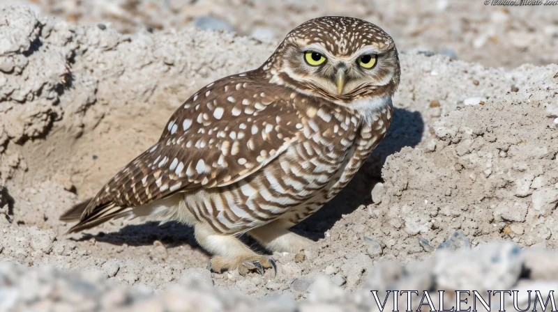 Close-up of a Burrowing Owl: Mesmerizing Gaze and Exquisite Plumage AI Image