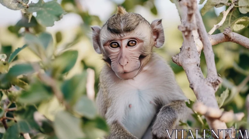Curious Monkey Portrait on Tree Branch AI Image