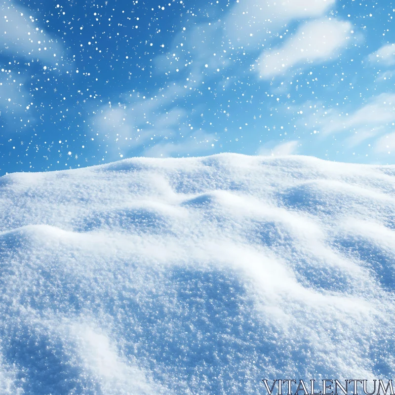 Snow-Covered Field with Falling Snowflakes AI Image