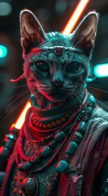 Cyberpunk Cat with Beads and Stones in Neon Light