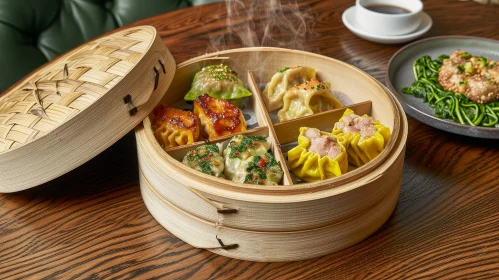 Delicious Dumplings in a Bamboo Steamer on Wooden Table