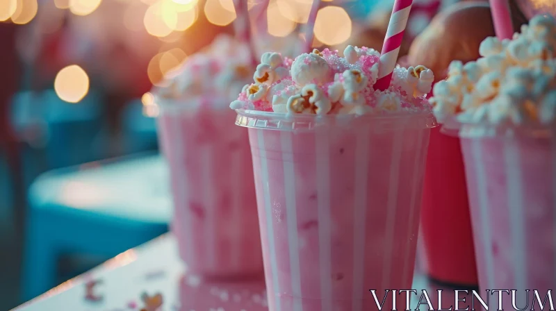 Delicious Pink Milkshake with Popcorn - Close-up View AI Image