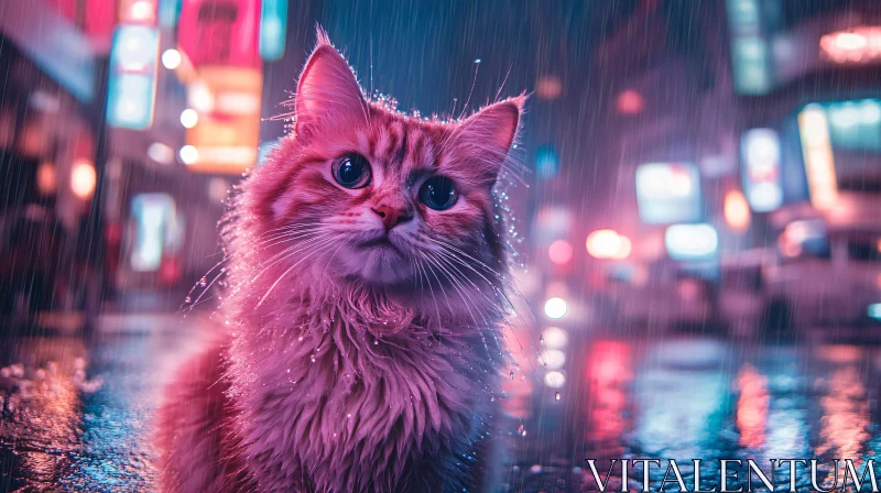 AI ART Rain-Soaked Cat in Urban Neon Night