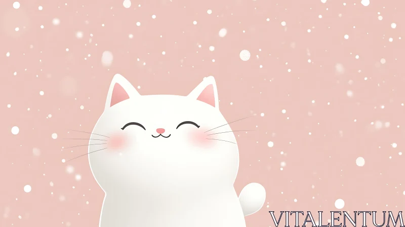 Cute Happy Cat with Snowflakes on Pink Background AI Image