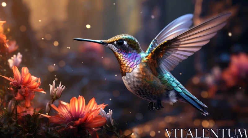 Enchanting Hummingbird Illustration Over Flower Field AI Image
