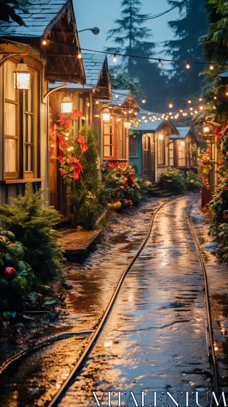 Enchanting Train Track at Dusk: Captivating Image of Houses and Lanterns AI Image