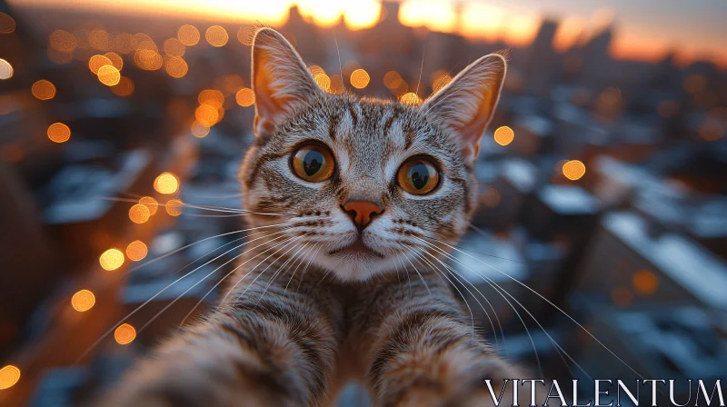 Cat Takes Selfie Against Blurred City Lights AI Image