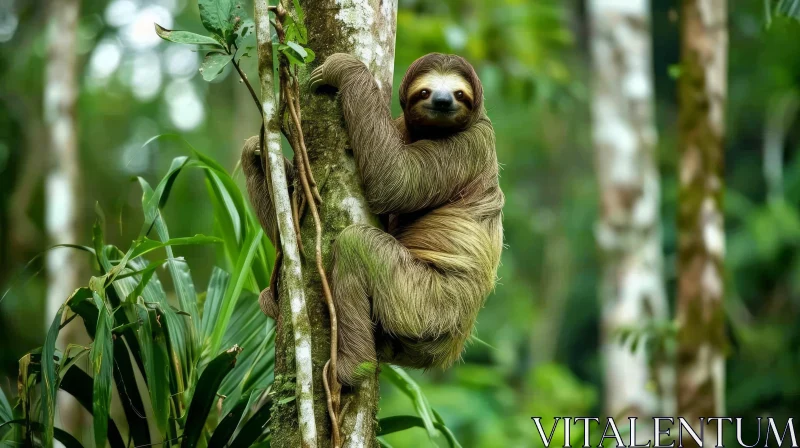 Sloth Hanging in Lush Green Rainforest AI Image