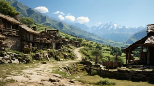 Stone Houses Amidst Green Mountains - A Rich and Immersive Landscape