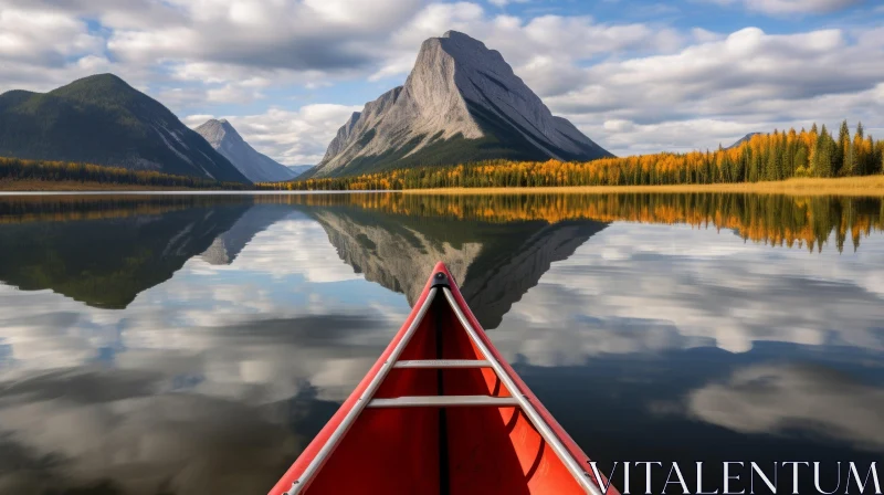 Tranquil Red Canoe on Calm Water with Majestic Mountains - Nature Photography AI Image
