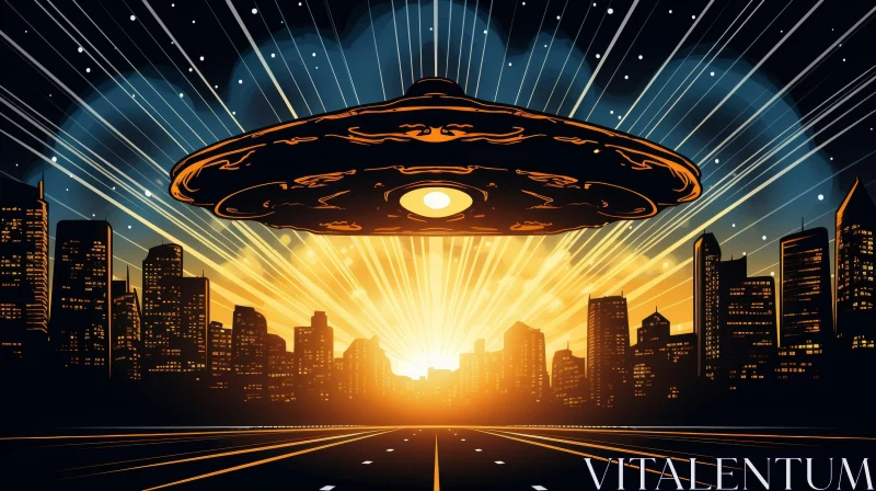AI ART UFO Hovering Over City - Retro Science Fiction Art