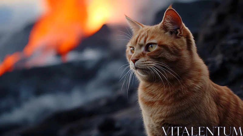 Cat in Rugged Landscape with Volcanic Eruption AI Image