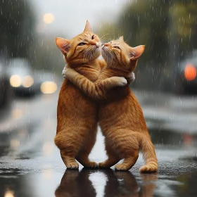 Cats Hugging on a Rainy Street