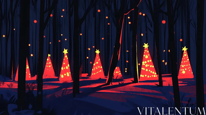 Glowing Christmas Trees in a Dark Forest AI Image