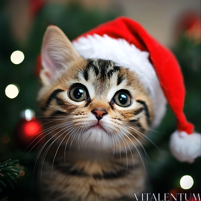 Festive Kitten with Santa Hat and Christmas Ornaments AI Image