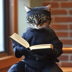 Cat in Ninja Costume Reading