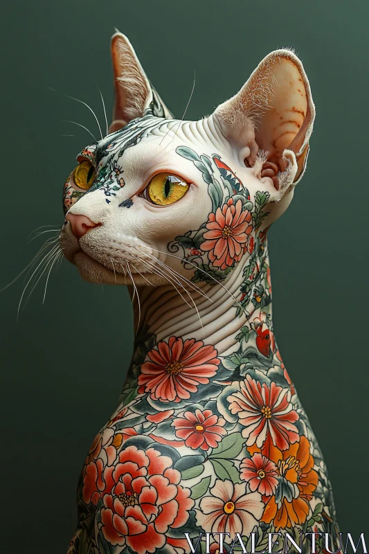 Floral Tattooed Hairless Sphynx Cat AI Image