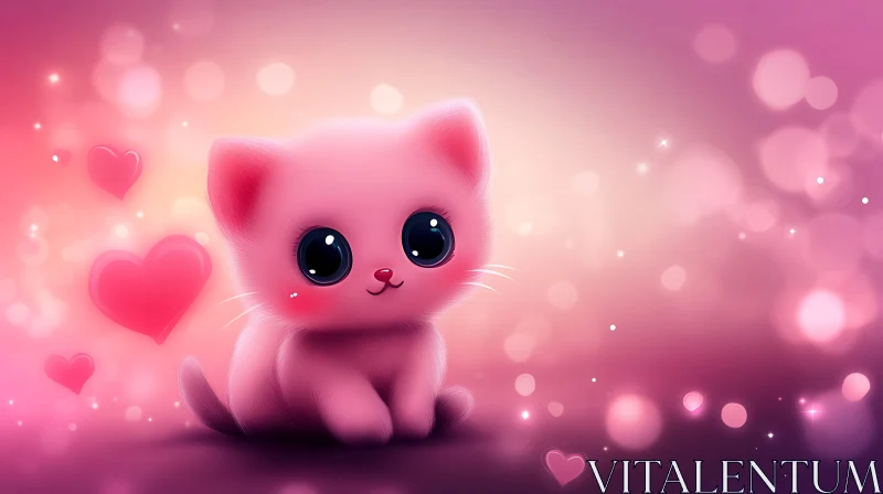 Sweet Pink Kitten Amidst Floating Hearts AI Image