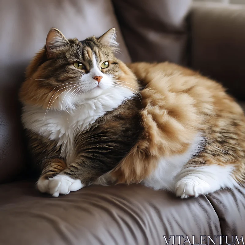 Serene Calico Cat Lounging on Leather Couch AI Image