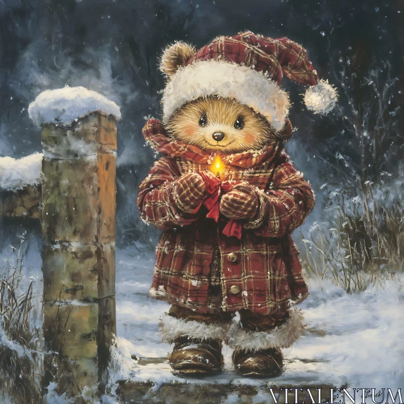 Bear Cub in Winter Plaid Coat and Lit Candle AI Image