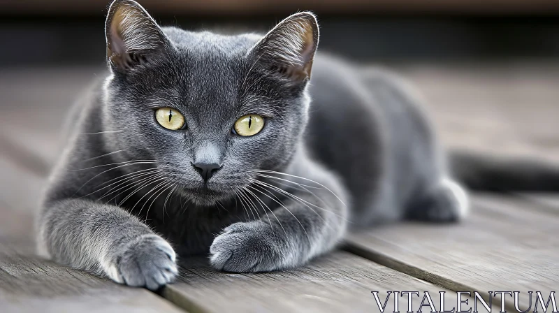 Gray Cat with Piercing Yellow Eyes on Wooden Surface AI Image