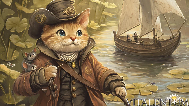 Adventurous Cat Pirate with Mice and Ship AI Image