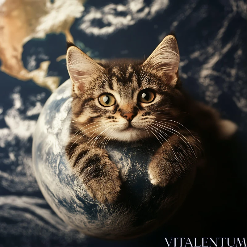 Cute Tabby Kitten on a Miniature Earth AI Image