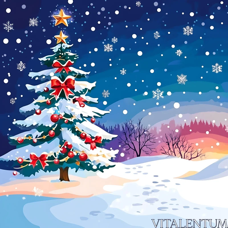 Decorated Tree in Winter Wonderland AI Image