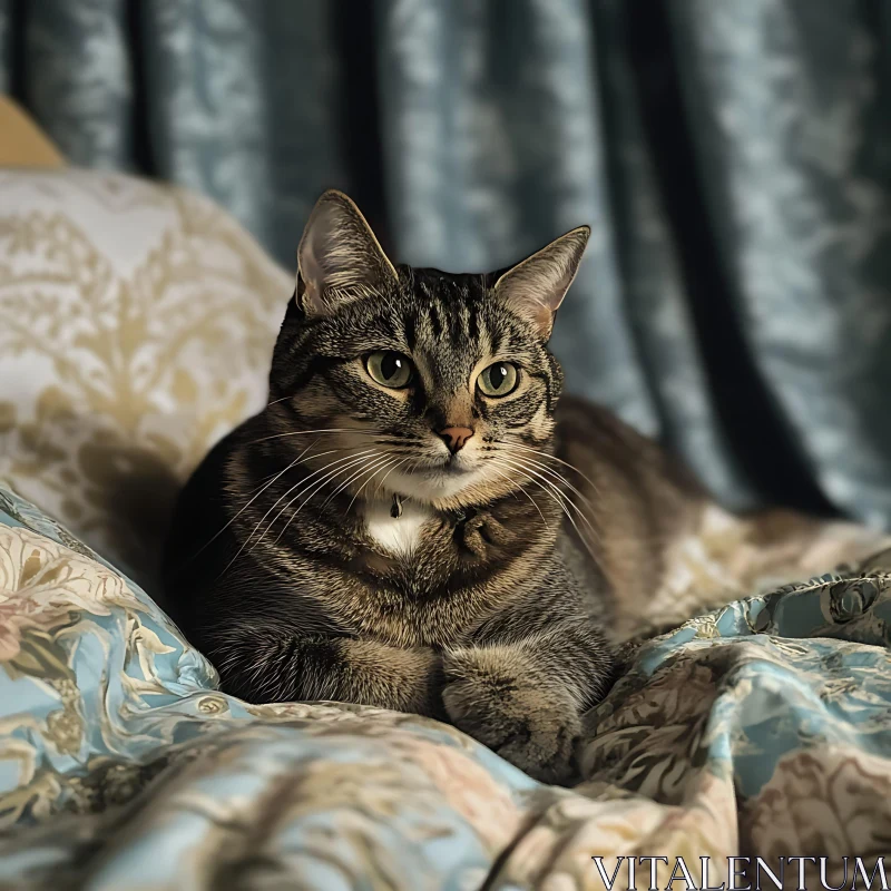 Comfortable Tabby Cat on a Bedspread AI Image