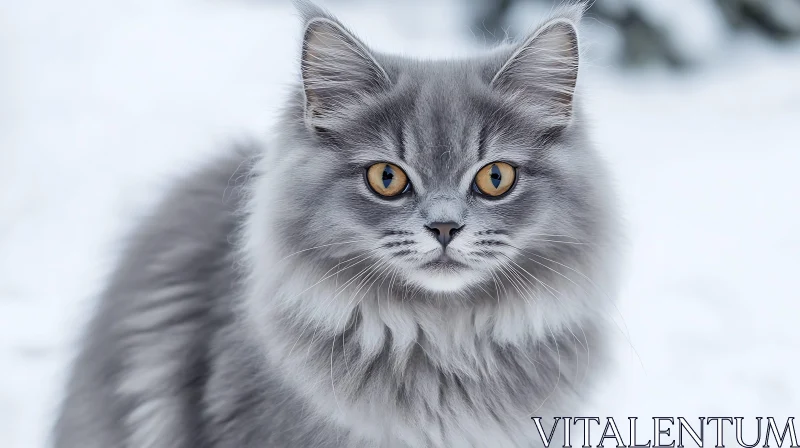 Grey Cat with Yellow Eyes in Snow AI Image