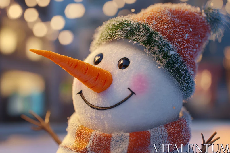 Joyful Winter Snowman with Carrot Nose and Snow-Covered Scarf AI Image