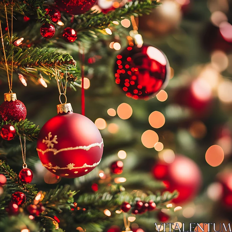 Festive Christmas Tree with Red Ornaments and Gold Lights AI Image