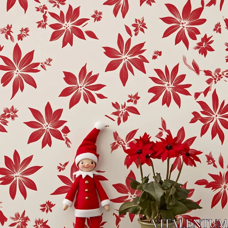 Cheerful Holiday Scene with Poinsettia and Santa Doll AI Image