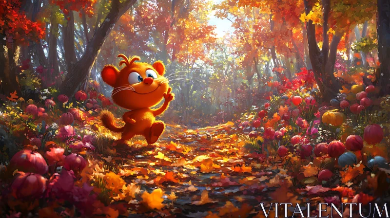 Whimsical Autumn Forest with Cartoon Character AI Image