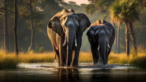 African Elephants in Serene River Landscape