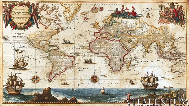 Antique World Map - Mercator Projection | Exploring the Continents and Oceans AI Image