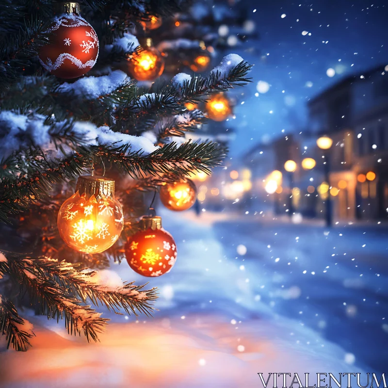 Festive Christmas Tree in Snowy Urban Setting AI Image