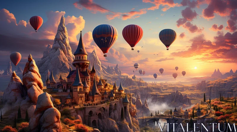 Captivating Fantasy Landscape with Castle and Hot Air Balloons AI Image