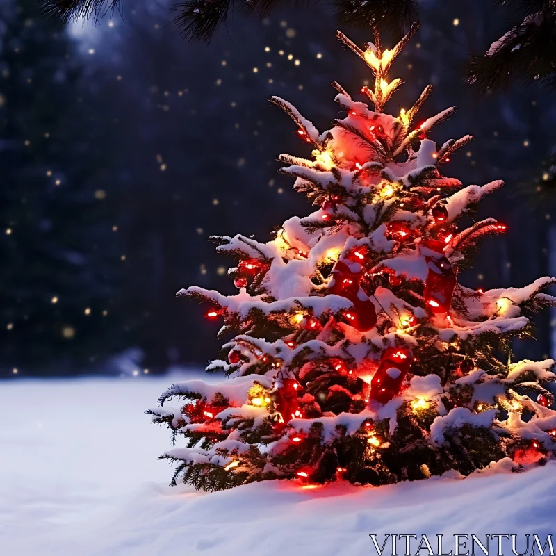 Festive Christmas Tree Illuminated in Snow AI Image