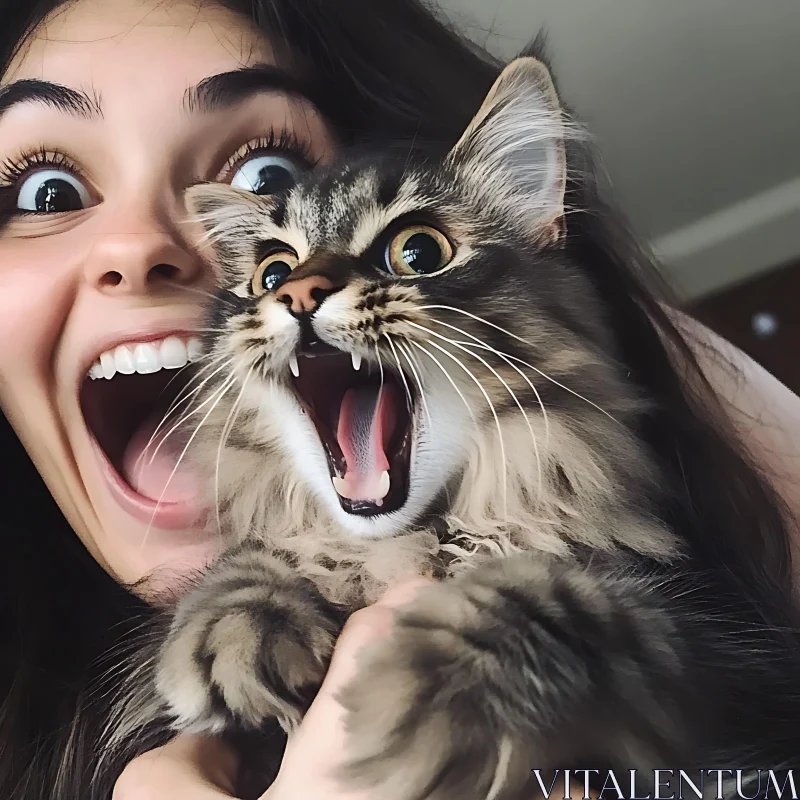 Surprised Cat and Woman Selfie AI Image