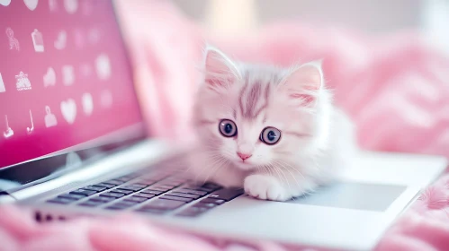 Cute Fluffy Kitten with Laptop