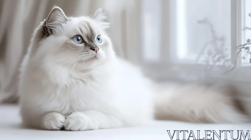 Elegant White Cat Relaxing by Window with Blue Eyes AI Image